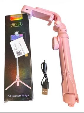 🌟Pink Foldable Selfie Stick with Fill Light Wireless Bluetooth Tripod NIB